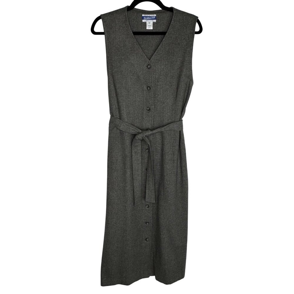 Pendleton Sz12P 100% Wool Gray Herringbone Belted Dress Old Money Dark Academia